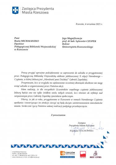 List okolicznościowy do wydarzenia od Zastępcy Prezydenta Miasta Rzeszowa Pani Krystyny Stachowskiej