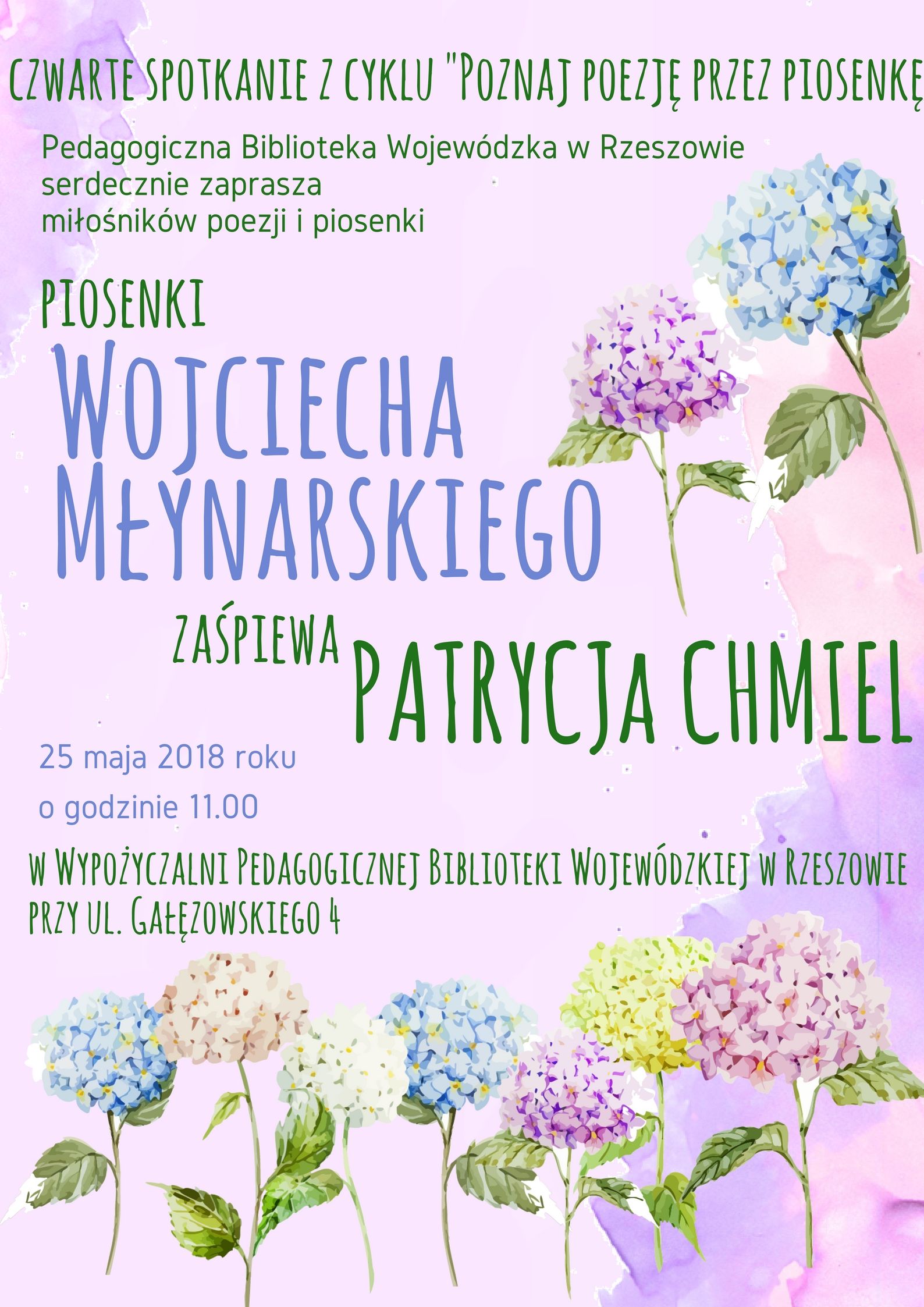Plakat zapowiadający czwarte spotkanie z cyklu „Poznaj poezję (po)przez piosenkę” – piosenki do słów Wojciecha Młynarskiego